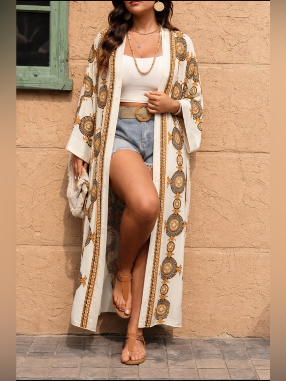 Luxury Gold Chain Print Kimono Cardigan Long Beach Cover Up Boho Chic.